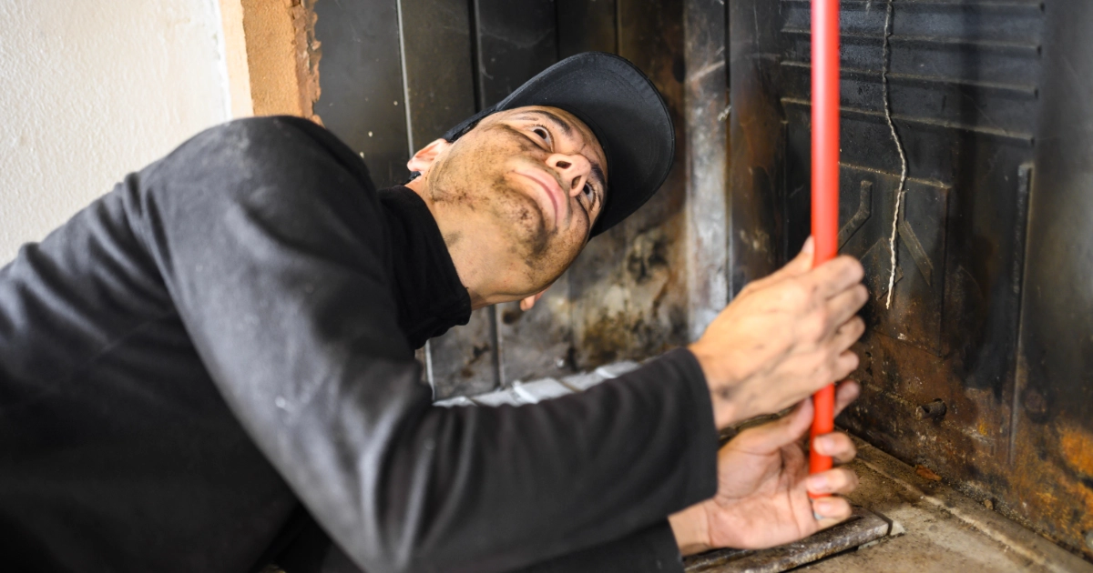Artisan réalisant un ramonage de poêle à bois